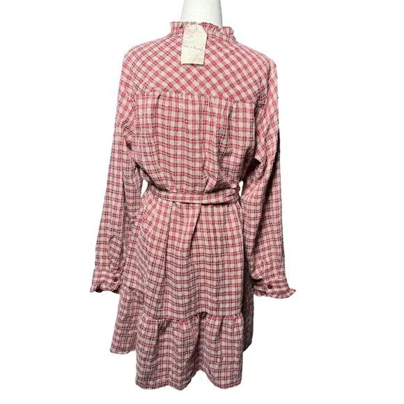 NEW Hem & Thread Womens M Plaid Shirtdress Ruffle Pink White Botton Long Sleeve - Picture 9 of 15